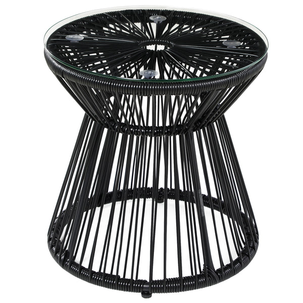 Freestanding End Table, Round Hollow Drum Design Side Table with Round PE Rattan and Tempered Glass Tabletop for Patio, Garden, Balcony, Black