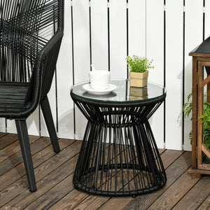 Outdoor Coffee Table, Round PE Rattan Side Table with Tempered Glass Table Top, Hollow Drum Design for Garden, Balcony, Patio, Black