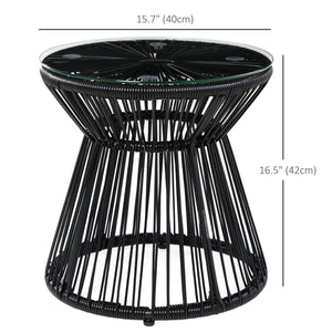 Freestanding End Table, Round Hollow Drum Design Side Table with Round PE Rattan and Tempered Glass Tabletop for Patio, Garden, Balcony, Black