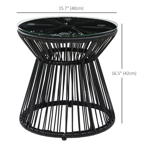 Freestanding End Table, Round Hollow Drum Design Side Table with Round PE Rattan and Tempered Glass Tabletop for Patio, Garden, Balcony, Black