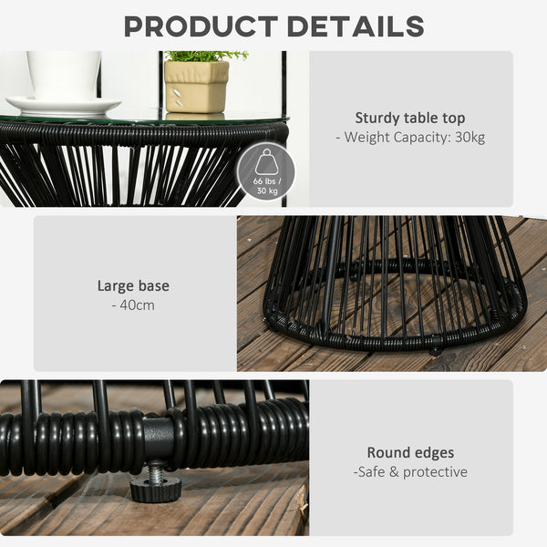 Outdoor Coffee Table, Round PE Rattan Side Table with Tempered Glass Table Top, Hollow Drum Design for Garden, Balcony, Patio, Black