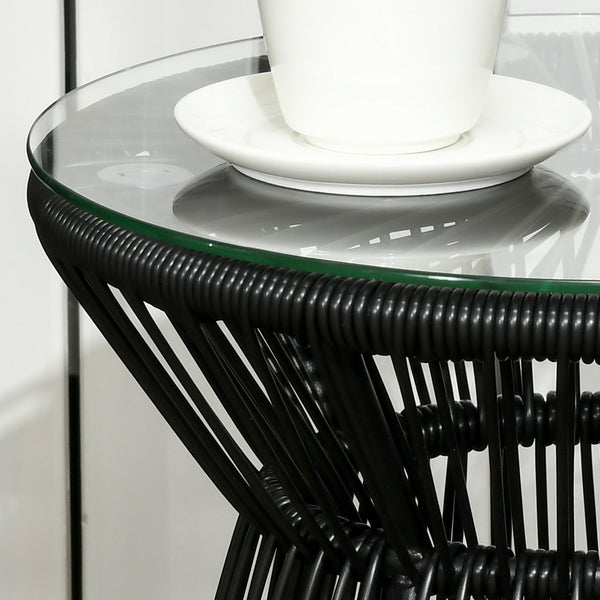 Outdoor Coffee Table, Round PE Rattan Side Table with Tempered Glass Table Top, Hollow Drum Design for Garden, Balcony, Patio, Black