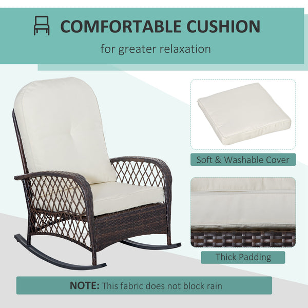 Rattan Rocking Chair, Outdoor Wicker Patio Rocker Chair Furniture with Thick Cushions, for Garden Backyard Porch, Cream White