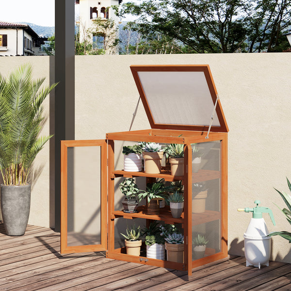Wooden 2 Tier Cold Frame Greenhouse Polycarbonate Plant Grow House Portable Garden, Orange