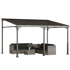 13' x 10' Lean to Gazebo, Hardtop Wall Mounted Outdoor Pergola with Polycarbonate Roof and Metal-Aluminium Frame, Heavy Duty Metal Pergola for Patio Deck Backyard, Brown
