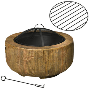 Outsunny Outdoor Fire Pit, 24 Inch Metal Wood Burning Fireplace with Spark Cover, Poker, Woodgrain Design for Patio, Picnic, Backyard, Light Brown
