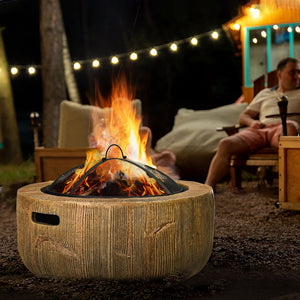 Outsunny Outdoor Fire Pit, 24 Inch Metal Wood Burning Fireplace with Spark Cover, Poker, Woodgrain Design for Patio, Picnic, Backyard, Light Brown