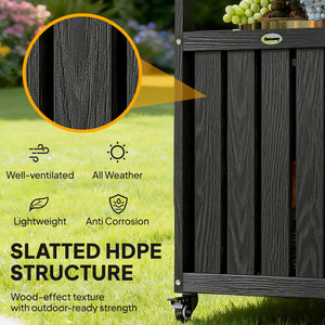 Outdoor Bar Cart with Storage Cabinet, Stainless Steel Top Kitchen Island on Wheels, HDPE Outdoor Bar Table, Movable Patio Beverage Food Prep Table for BBQ Picnic, Black