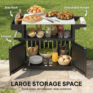 Outdoor Bar Cart with Storage Cabinet, Stainless Steel Top Kitchen Island on Wheels, HDPE Outdoor Bar Table, Movable Patio Beverage Food Prep Table for BBQ Picnic, Black