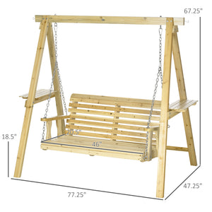 2-Seat orch Swing with Stand, Wooden Patio Swing Chair with Side Tables and Metal Chains, Outdoor Hanging Bench for Garden, Poolside, Backyard, Natural Wood