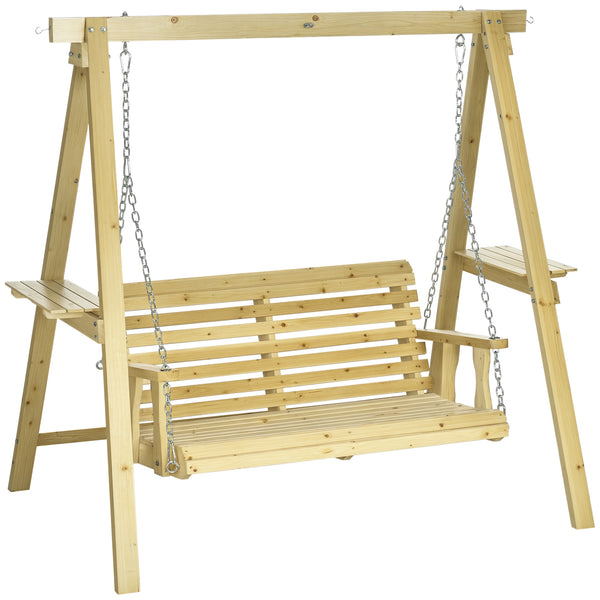 2-Seat orch Swing with Stand, Wooden Patio Swing Chair with Side Tables and Metal Chains, Outdoor Hanging Bench for Garden, Poolside, Backyard, Natural Wood