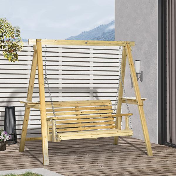 2-Seat orch Swing with Stand, Wooden Patio Swing Chair with Side Tables and Metal Chains, Outdoor Hanging Bench for Garden, Poolside, Backyard, Natural Wood