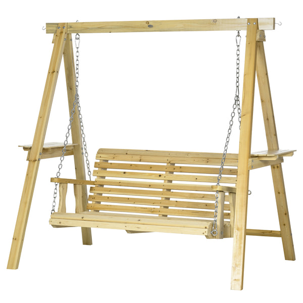 2-Seat orch Swing with Stand, Wooden Patio Swing Chair with Side Tables and Metal Chains, Outdoor Hanging Bench for Garden, Poolside, Backyard, Natural Wood