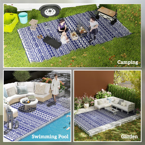 Reversible Outdoor RV Rug with Carry Bag, 9' x 18' Patio Floor Mat, Plastic Straw Rug for Backyard, Deck, Picnic, Beach, Camping, Geometric Wall, Blue and White