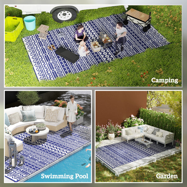 Reversible Outdoor RV Rug with Carry Bag, 9' x 18' Patio Floor Mat, Plastic Straw Rug for Backyard, Deck, Picnic, Beach, Camping, Geometric Wall, Blue and White