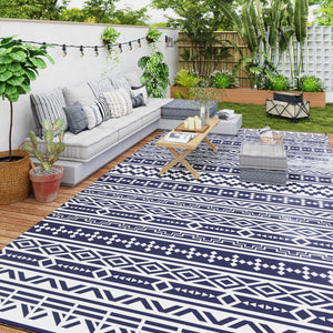 Reversible Outdoor RV Rug with Carry Bag, 9' x 18' Patio Floor Mat, Plastic Straw Rug for Backyard, Deck, Picnic, Beach, Camping, Geometric Wall, Blue and White