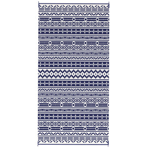 Reversible Outdoor RV Rug with Carry Bag, 9' x 18' Patio Floor Mat, Plastic Straw Rug for Backyard, Deck, Picnic, Beach, Camping, Geometric Wall, Blue and White