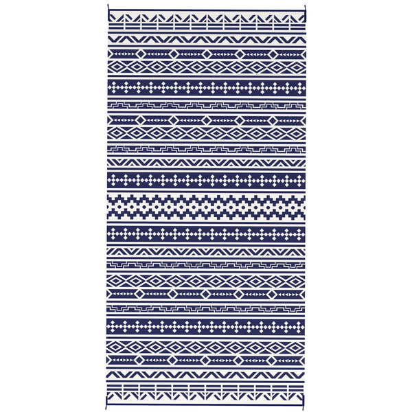 Reversible Outdoor RV Rug with Carry Bag, 9' x 18' Patio Floor Mat, Plastic Straw Rug for Backyard, Deck, Picnic, Beach, Camping, Geometric Wall, Blue and White