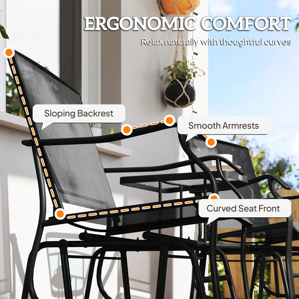 Double Patio Glider Chair with Glass Top Center Table, Outdoor Glider Loveseat with High Back,  All Weather Breathable Mesh Fabric for Garden, Backyard, Deck, Black