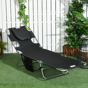 Folding Lounge Chair Outdoor Tanning Chair with Face Hole, 5-Position Reclining Sun Lounger Chaise Lounge Cot with Side Pocket, Carry Strap for Beach Pool, Yard, Black