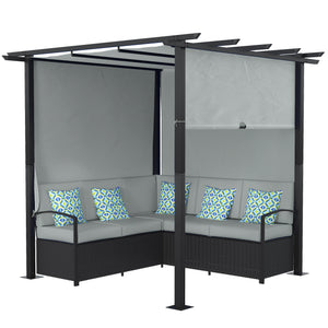 Wicker Patio Furniture, Outdoor PE Rattan Sofa Set with Retractable Canopy Pergola, Shade Shelter for Deck, Pool, Garden, Terrace, Grey