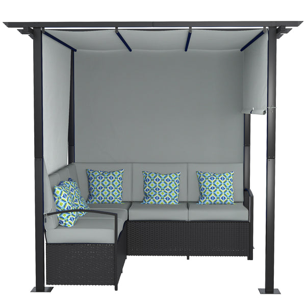 Wicker Patio Furniture, Outdoor PE Rattan Sofa Set with Retractable Canopy Pergola, Shade Shelter for Deck, Pool, Garden, Terrace, Grey