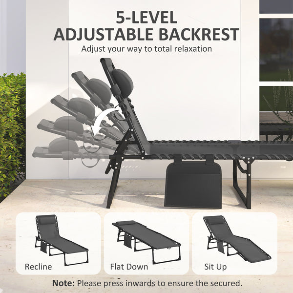 Folding Lounge Chair, Reclining Tanning Chair, Portable Sun Lounger with Adjustable Backrest and Removable Pillow for Patio, Garden, Beach, Black