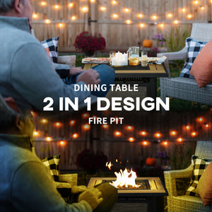 28" Propane Fire Pit Table, 50,000 BTU Propane Fire Table with Steel Tabletop and Lid, Square Gas Firepit Table with Pulse Ignition, Lava Rocks, Waterproof Cover, Brown