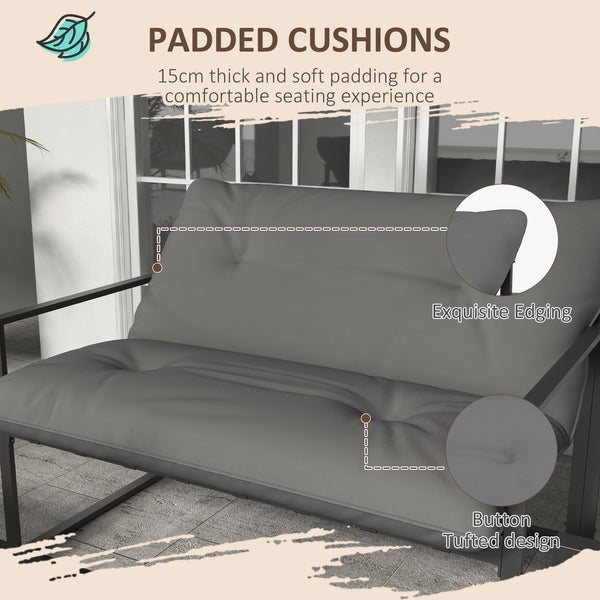 4 Piece Garden Sofa Set 2 Single Armchair, Loveseat and Coffee Table Set Steel Frame Patio Furniture with Thick Cushions, Grey