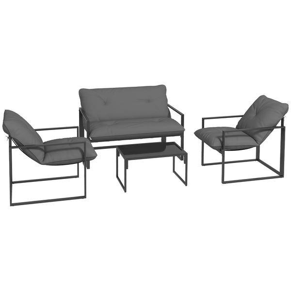 4 Piece Garden Sofa Set 2 Single Armchair, Loveseat and Coffee Table Set Steel Frame Patio Furniture with Thick Cushions, Grey