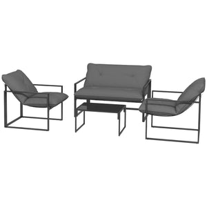 4 Piece Garden Sofa Set 2 Single Armchair, Loveseat and Coffee Table Set Steel Frame Patio Furniture with Thick Cushions, Grey