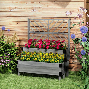 Raised Garden Bed with Trellis, 2 Tier Wooden Elevated Planter Box with Legs and Metal Corners for Vegetables, Flowers, Herbs, Grey