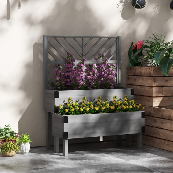 Raised Garden Bed with Trellis, 2 Tier Wooden Elevated Planter Box with Legs and Metal Corners for Vegetables, Flowers, Herbs, Grey