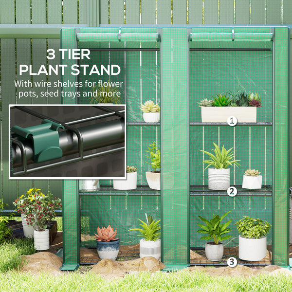 Lean-to Greenhouse with 3 Tier Shelves, 56.7" x 18.9" x 59.8" Portable Small Greenhouse with PE Cover, 2 Roll-Up Zippered Doors, for Indoor Outdoor Garden Backyard Balcony, Green