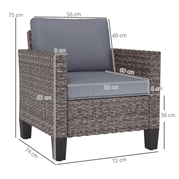Single Seater Rattan Garden Armchair, PE Wicker Rattan Chair with Armrests and Cushions, Garden Chair with Galvanised Steel Frame for Conservatory, Porch, Dark Grey