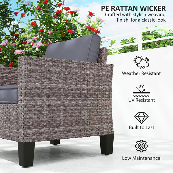 Single Seater Rattan Garden Armchair, PE Wicker Rattan Chair with Armrests and Cushions, Garden Chair with Galvanised Steel Frame for Conservatory, Porch, Dark Grey