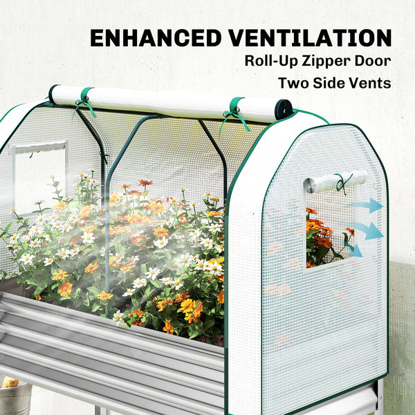 Galvanised Raised Garden Bed with Greenhouse Cover, Metal Elevated Garden Bed with Legs, Bed Liner and Bottom Shelf, Outdoor Raised Planter Box for Vegetables, Herbs, Flowers, Silver