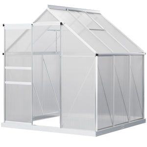 Polycarbonate Greenhouse, Small Greenhouse with Adjustable Roof Vent, Garden Green House with Galvanised Base, Sliding Door and Rain Gutter, 190 x 190 x 200 cm, Silver Tone
