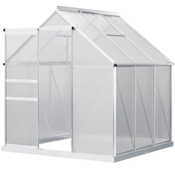 Polycarbonate Greenhouse, Small Greenhouse with Adjustable Roof Vent, Garden Green House with Galvanised Base, Sliding Door and Rain Gutter, 190 x 190 x 200 cm, Silver Tone