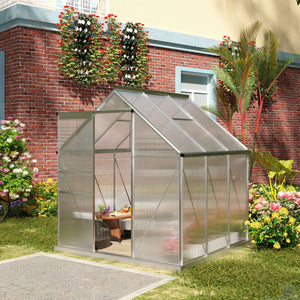 6' x 6' x 6.5' Polycarbonate Greenhouse, Walk-in Green House with Adjustable Roof Vent, Galvanized Base, Sliding Door and Rain Gutter for Outdoor, Garden, Backyard, Clear