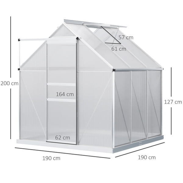 Polycarbonate Greenhouse, Small Greenhouse with Adjustable Roof Vent, Garden Green House with Galvanised Base, Sliding Door and Rain Gutter, 190 x 190 x 200 cm, Silver Tone