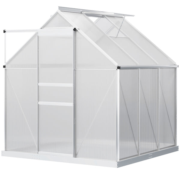 Polycarbonate Greenhouse, Small Greenhouse with Adjustable Roof Vent, Garden Green House with Galvanised Base, Sliding Door and Rain Gutter, 190 x 190 x 200 cm, Silver Tone