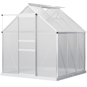 Polycarbonate Greenhouse, Small Greenhouse with Adjustable Roof Vent, Garden Green House with Galvanised Base, Sliding Door and Rain Gutter, 190 x 190 x 200 cm, Silver Tone