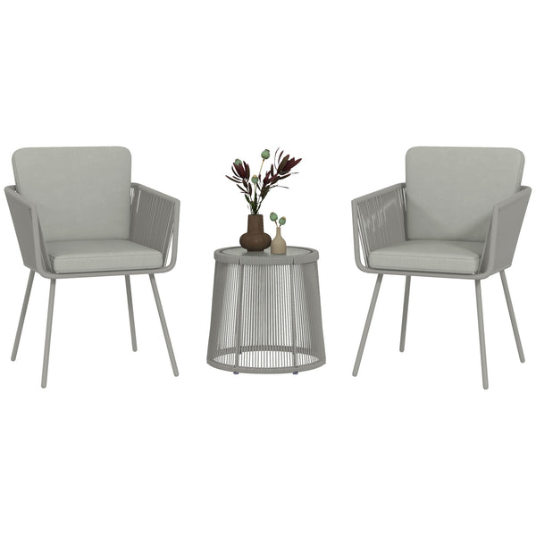 3 Pieces Wicker Patio Furniture Set, Rattan Bistro Set with Coffee Table and Cushions, Outdoor Conversation Set for Garden, Porch, Balcony, Light Grey