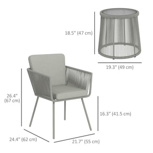 3 Pieces Wicker Patio Furniture Set, Rattan Bistro Set with Coffee Table and Cushions, Outdoor Conversation Set for Garden, Porch, Balcony, Light Grey