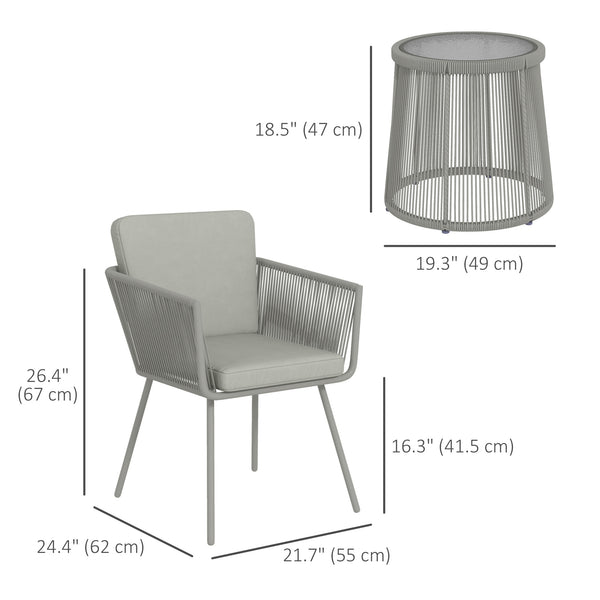 3 Pieces Wicker Patio Furniture Set, Rattan Bistro Set with Coffee Table and Cushions, Outdoor Conversation Set for Garden, Porch, Balcony, Light Grey
