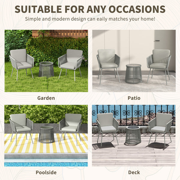 3 Pieces Wicker Patio Furniture Set, Rattan Bistro Set with Coffee Table and Cushions, Outdoor Conversation Set for Garden, Porch, Balcony, Light Grey