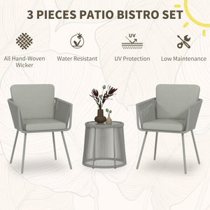 3 Pieces Wicker Patio Furniture Set, Rattan Bistro Set with Coffee Table and Cushions, Outdoor Conversation Set for Garden, Porch, Balcony, Light Grey