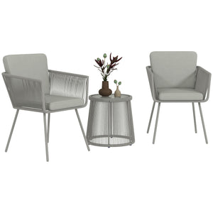 3 Pieces Wicker Patio Furniture Set, Rattan Bistro Set with Coffee Table and Cushions, Outdoor Conversation Set for Garden, Porch, Balcony, Light Grey
