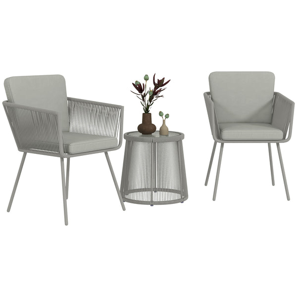 3 Pieces Wicker Patio Furniture Set, Rattan Bistro Set with Coffee Table and Cushions, Outdoor Conversation Set for Garden, Porch, Balcony, Light Grey